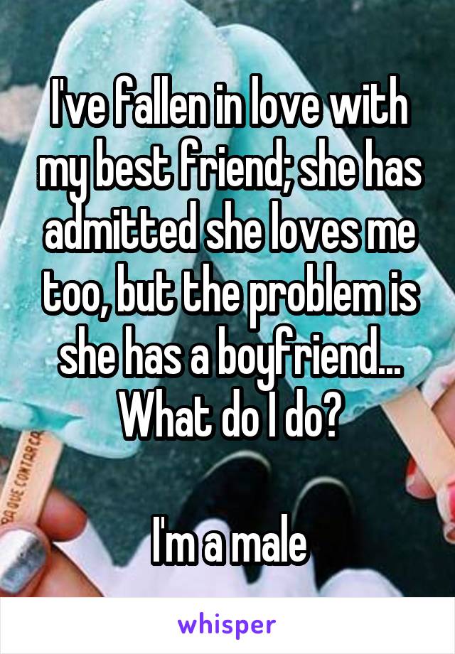 I've fallen in love with my best friend; she has admitted she loves me too, but the problem is she has a boyfriend... What do I do?

I'm a male