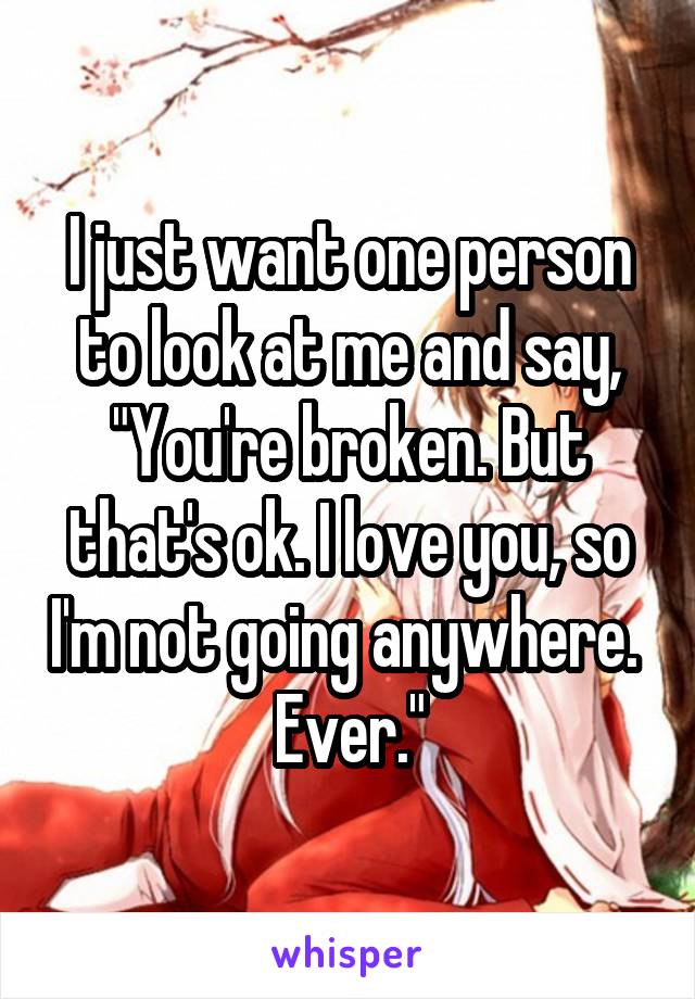 I just want one person to look at me and say, "You're broken. But that's ok. I love you, so I'm not going anywhere. 
Ever."