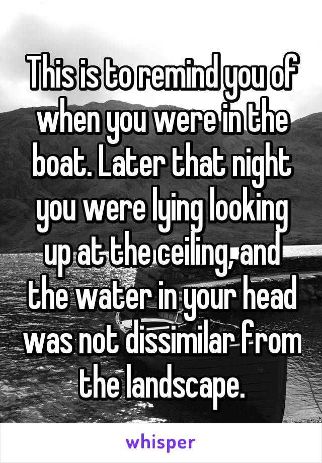 This is to remind you of when you were in the boat. Later that night you were lying looking up at the ceiling, and the water in your head was not dissimilar from the landscape.