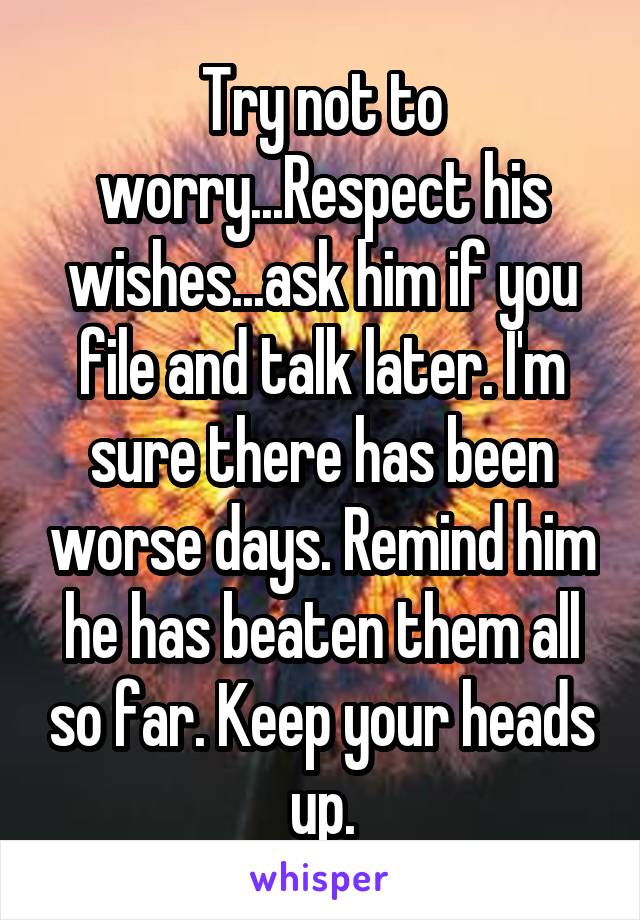 Try not to worry...Respect his wishes...ask him if you file and talk later. I'm sure there has been worse days. Remind him he has beaten them all so far. Keep your heads up.