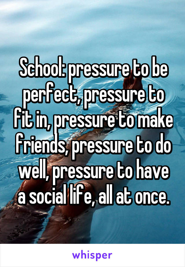 School: pressure to be perfect, pressure to fit in, pressure to make friends, pressure to do well, pressure to have a social life, all at once.