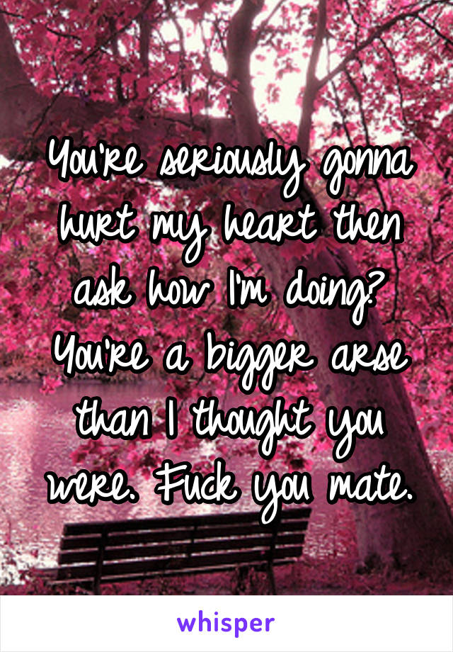 You're seriously gonna hurt my heart then ask how I'm doing? You're a bigger arse than I thought you were. Fuck you mate.