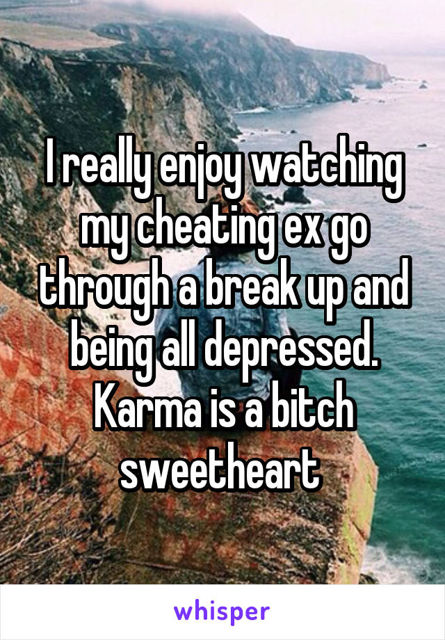 I really enjoy watching my cheating ex go through a break up and being all depressed. Karma is a bitch sweetheart 