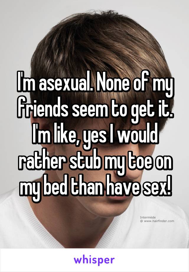 I'm asexual. None of my friends seem to get it. I'm like, yes I would rather stub my toe on my bed than have sex!