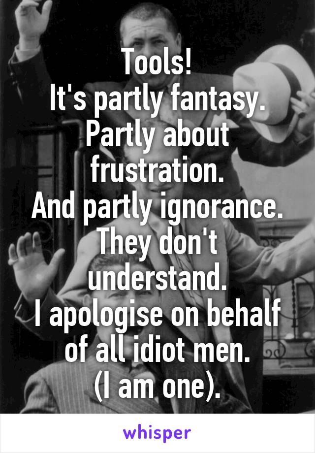 Tools!
It's partly fantasy.
Partly about frustration.
And partly ignorance.
They don't understand.
I apologise on behalf of all idiot men.
(I am one).