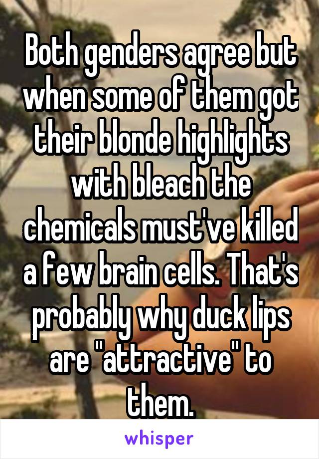 Both genders agree but when some of them got their blonde highlights with bleach the chemicals must've killed a few brain cells. That's probably why duck lips are "attractive" to them.