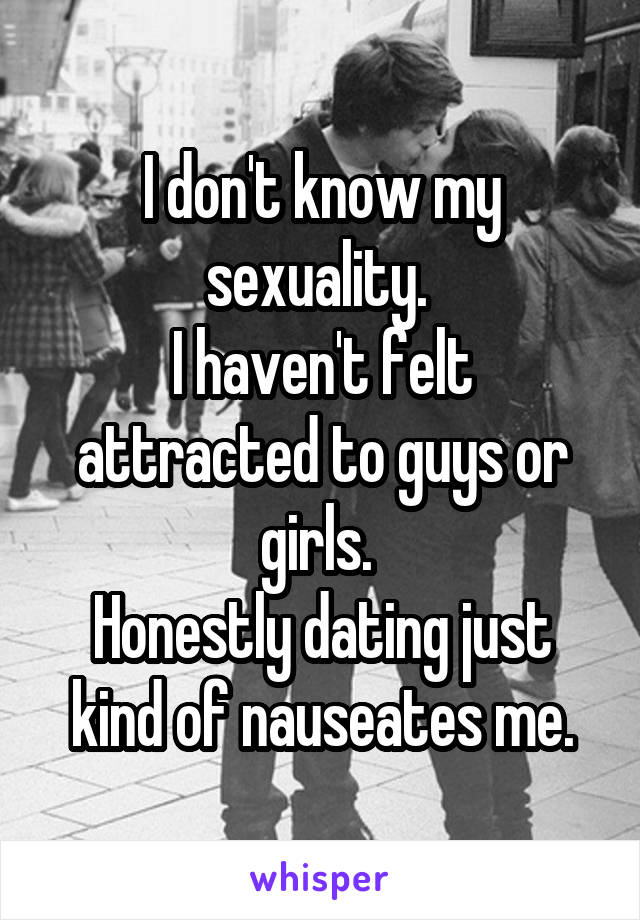 I don't know my sexuality. 
I haven't felt attracted to guys or girls. 
Honestly dating just kind of nauseates me.