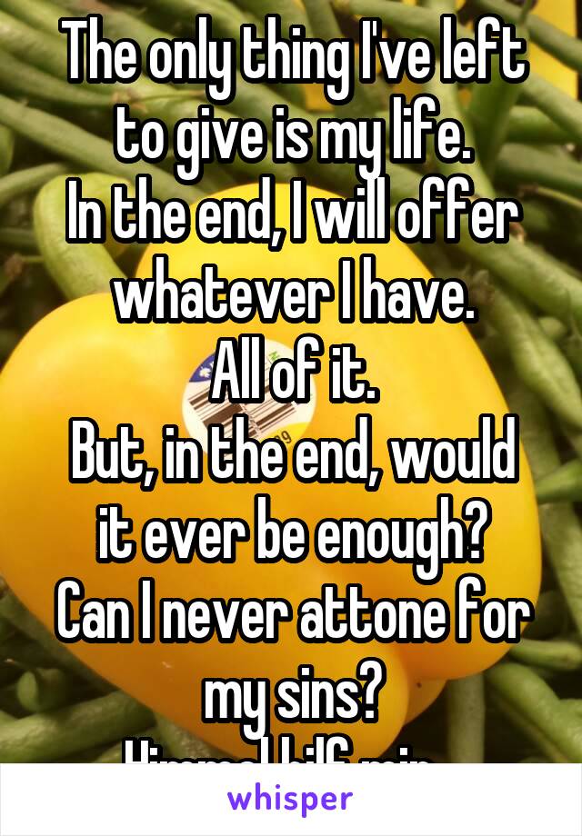 The only thing I've left to give is my life.
In the end, I will offer whatever I have.
All of it.
But, in the end, would it ever be enough?
Can I never attone for my sins?
Himmel hilf mir...