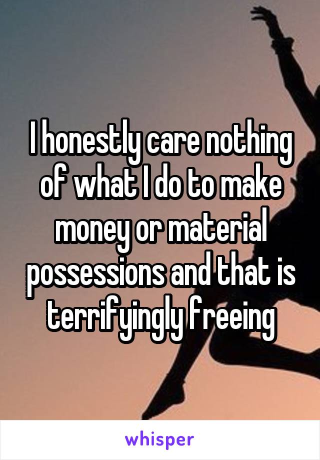 I honestly care nothing of what I do to make money or material possessions and that is terrifyingly freeing