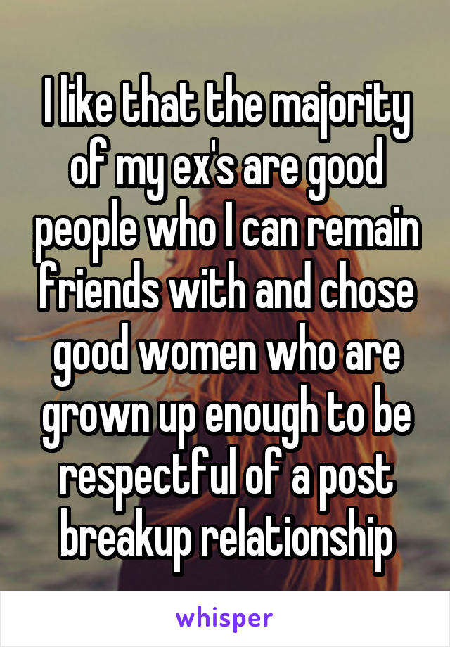 I like that the majority of my ex's are good people who I can remain friends with and chose good women who are grown up enough to be respectful of a post breakup relationship