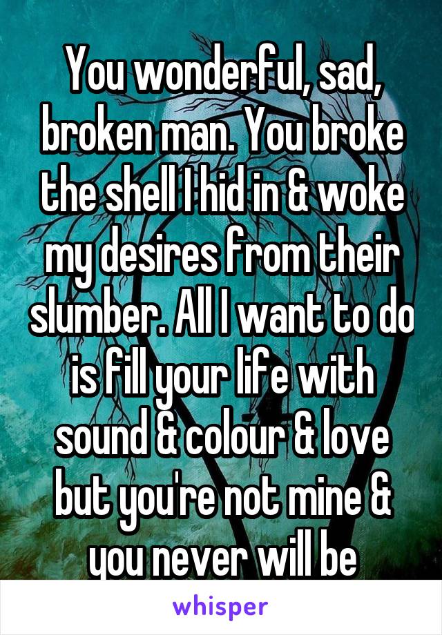 You wonderful, sad, broken man. You broke the shell I hid in & woke my desires from their slumber. All I want to do is fill your life with sound & colour & love but you're not mine & you never will be