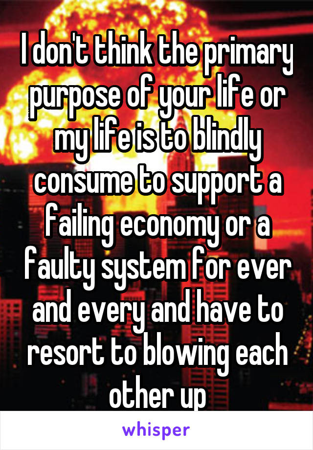 I don't think the primary purpose of your life or my life is to blindly consume to support a failing economy or a faulty system for ever and every and have to resort to blowing each other up