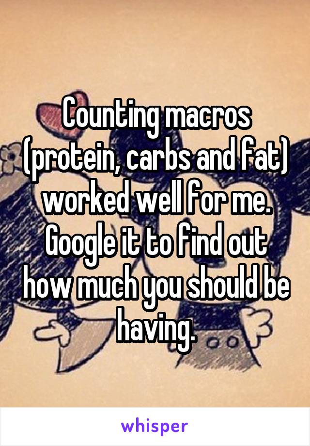 Counting macros (protein, carbs and fat) worked well for me. Google it to find out how much you should be having.