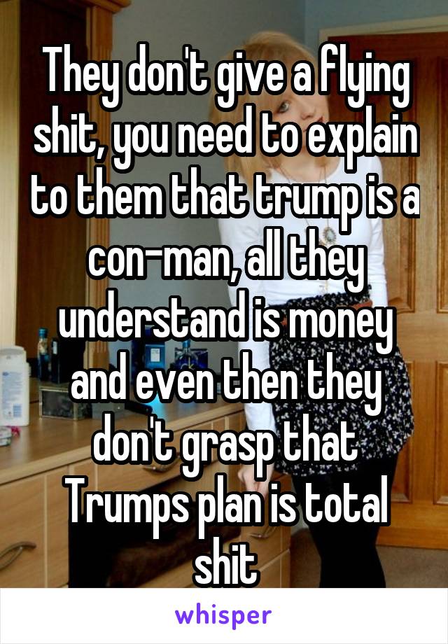 They don't give a flying shit, you need to explain to them that trump is a con-man, all they understand is money and even then they don't grasp that Trumps plan is total shit