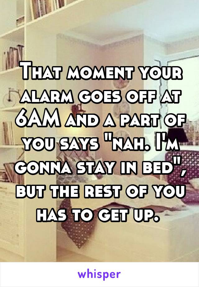 That moment your alarm goes off at 6AM and a part of you says "nah. I'm gonna stay in bed", but the rest of you has to get up. 