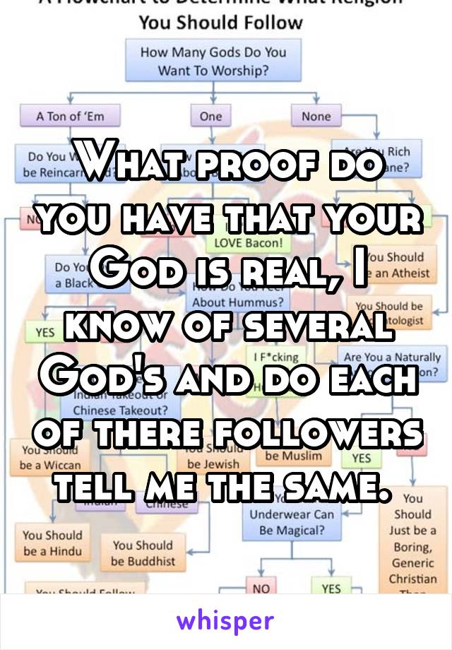 What proof do you have that your God is real, I know of several God's and do each of there followers tell me the same. 