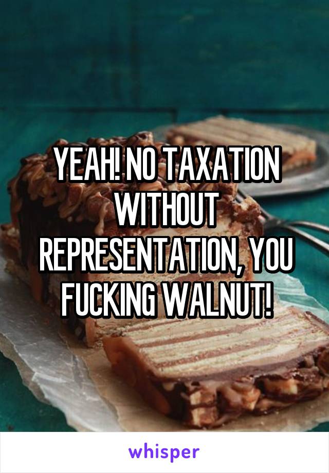 YEAH! NO TAXATION WITHOUT REPRESENTATION, YOU FUCKING WALNUT!