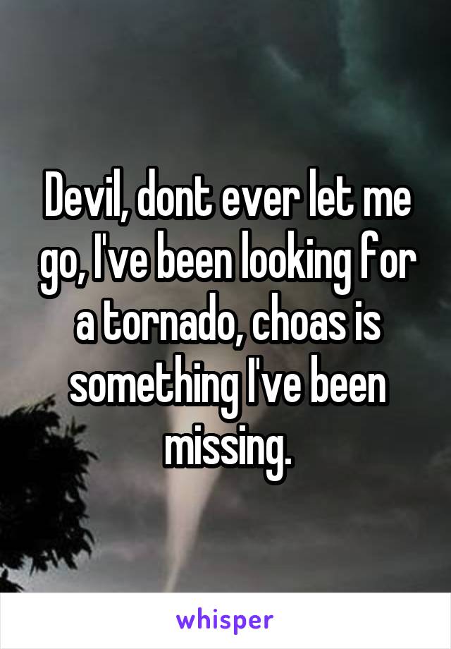 Devil, dont ever let me go, I've been looking for a tornado, choas is something I've been missing.