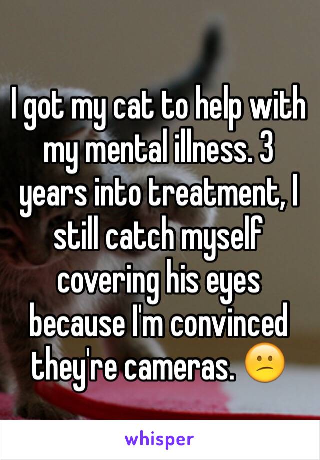 I got my cat to help with my mental illness. 3 years into treatment, I still catch myself covering his eyes because I'm convinced they're cameras. 😕