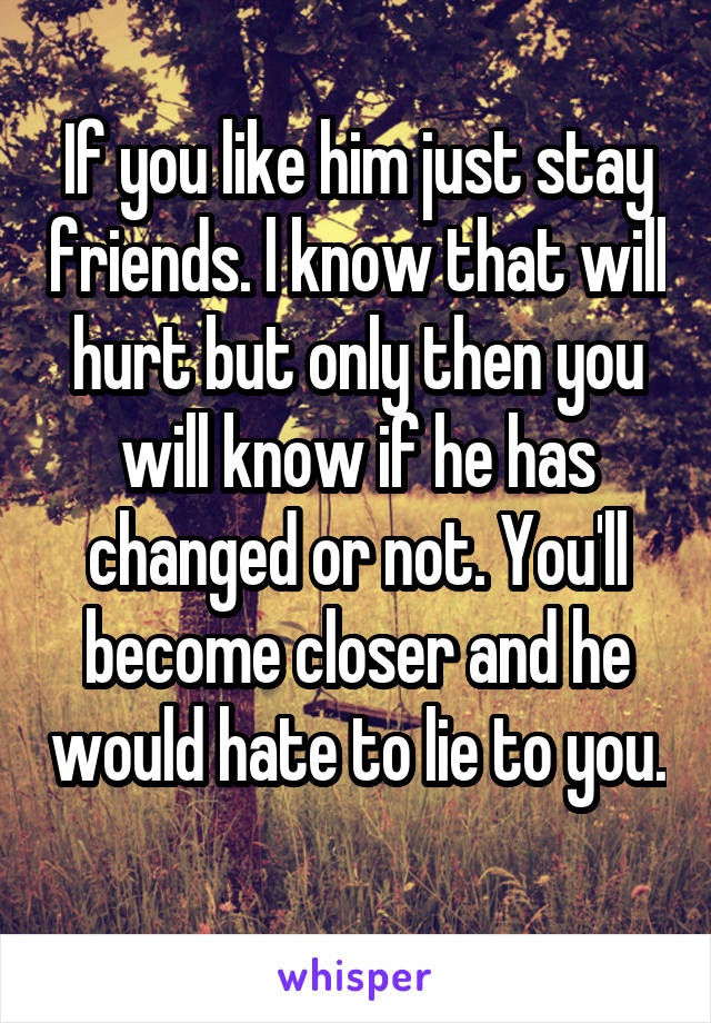 If you like him just stay friends. l know that will hurt but only then you will know if he has changed or not. You'll become closer and he would hate to lie to you. 