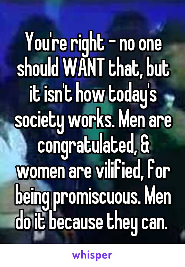 You're right - no one should WANT that, but it isn't how today's society works. Men are congratulated, & women are vilified, for being promiscuous. Men do it because they can. 
