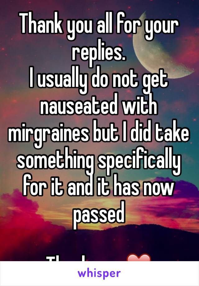 Thank you all for your replies.
I usually do not get nauseated with mirgraines but I did take something specifically for it and it has now passed

Thank you ❤️