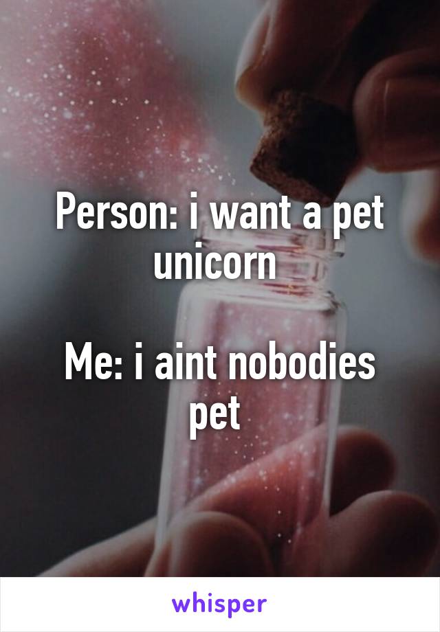 Person: i want a pet unicorn 

Me: i aint nobodies pet 