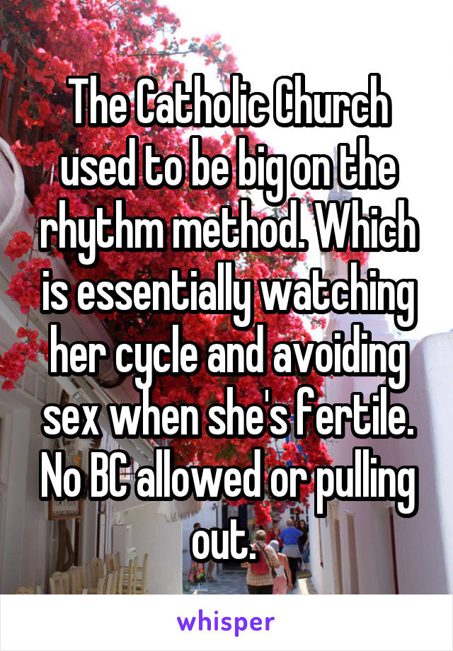 The Catholic Church used to be big on the rhythm method. Which is essentially watching her cycle and avoiding sex when she's fertile. No BC allowed or pulling out. 