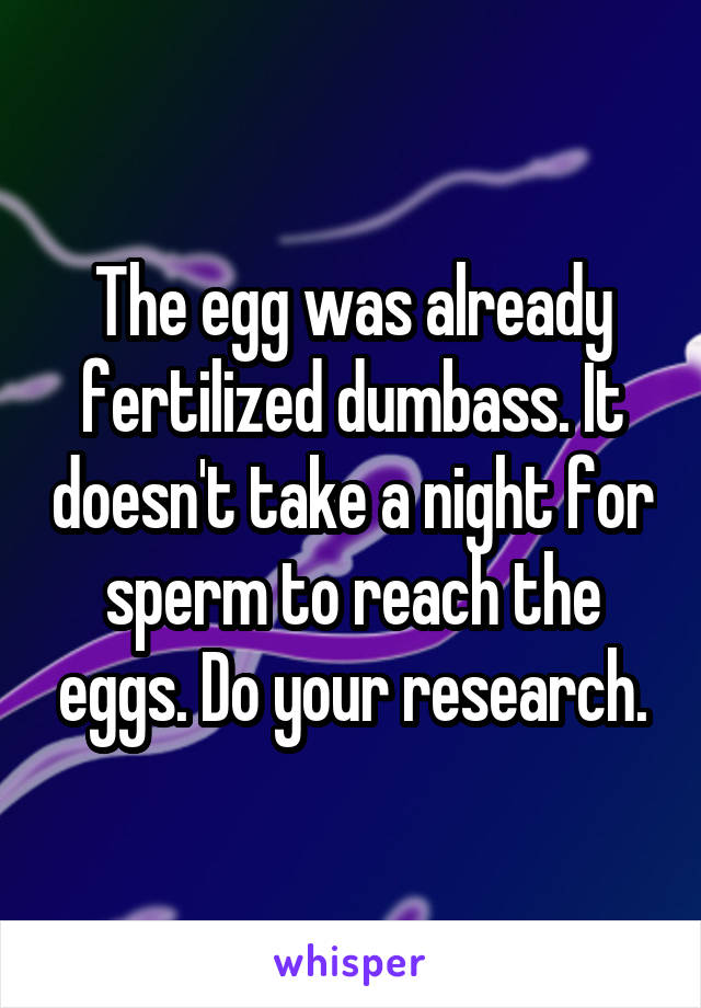 The egg was already fertilized dumbass. It doesn't take a night for sperm to reach the eggs. Do your research.