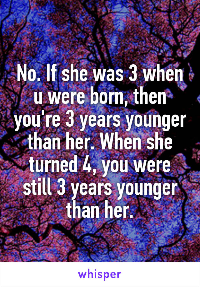 No. If she was 3 when u were born, then you're 3 years younger than her. When she turned 4, you were still 3 years younger than her.