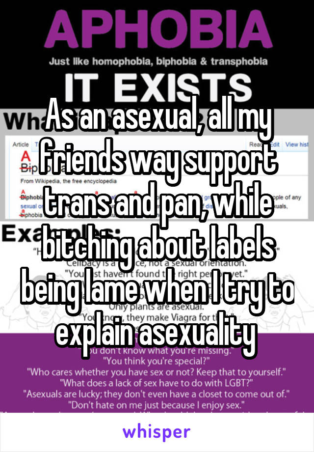 As an asexual, all my friends way support trans and pan, while bitching about labels being lame when I try to explain asexuality 