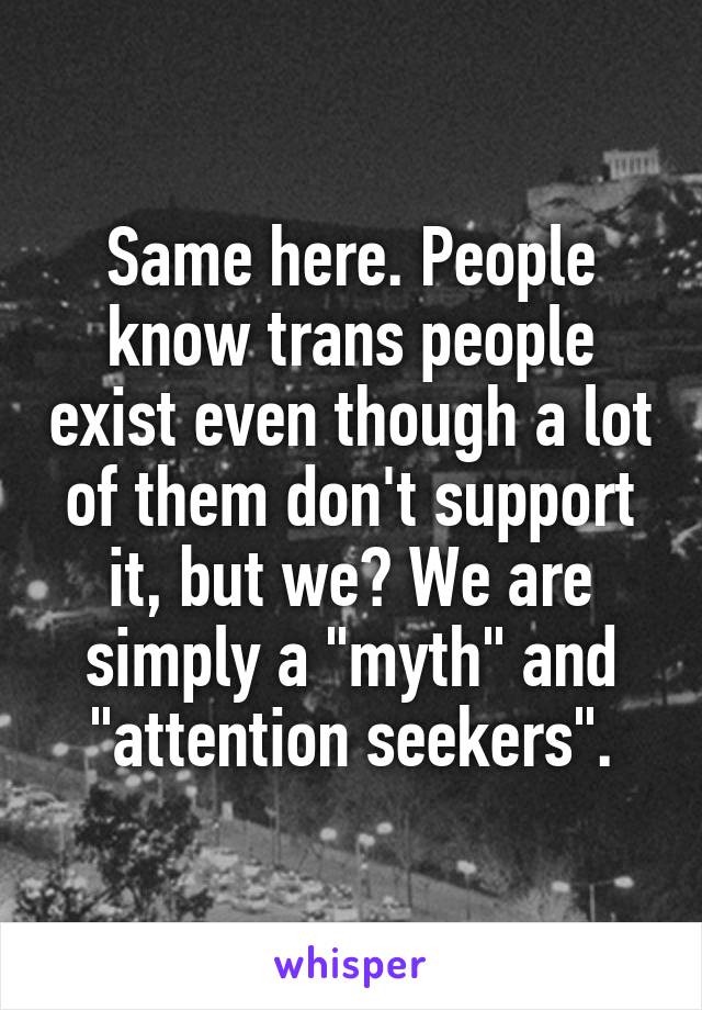 Same here. People know trans people exist even though a lot of them don't support it, but we? We are simply a "myth" and "attention seekers".