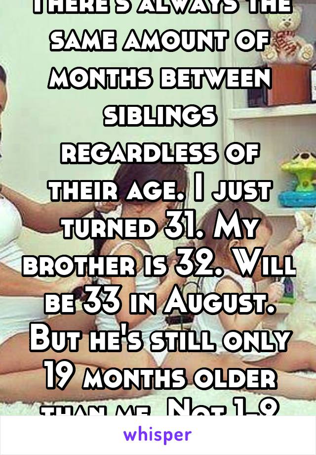 There's always the same amount of months between siblings regardless of their age. I just turned 31. My brother is 32. Will be 33 in August. But he's still only 19 months older than me. Not 1-2 years.