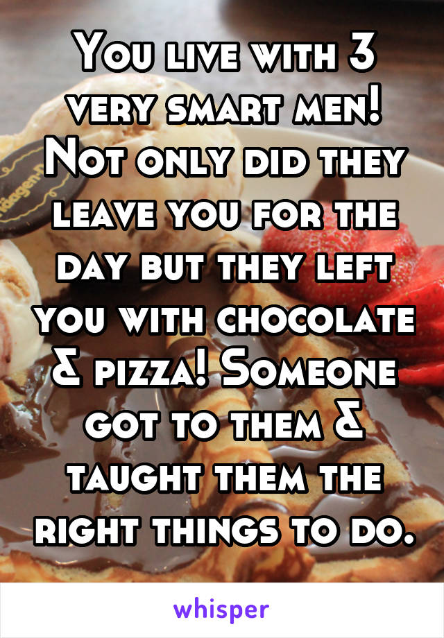 You live with 3 very smart men! Not only did they leave you for the day but they left you with chocolate & pizza! Someone got to them & taught them the right things to do. 