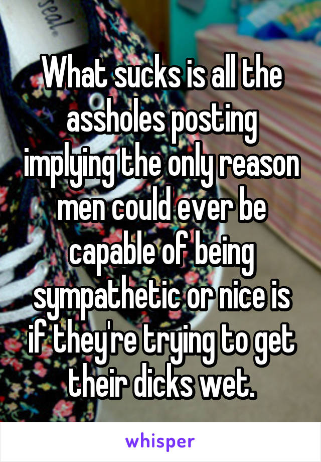 What sucks is all the assholes posting implying the only reason men could ever be capable of being sympathetic or nice is if they're trying to get their dicks wet.