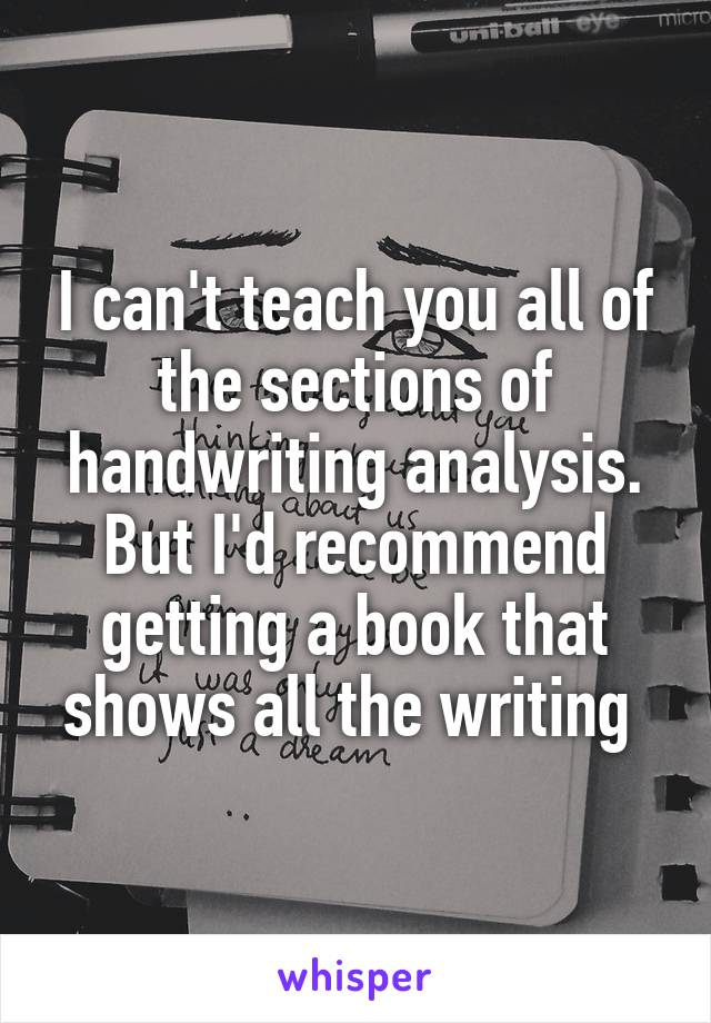 I can't teach you all of the sections of handwriting analysis. But I'd recommend getting a book that shows all the writing 