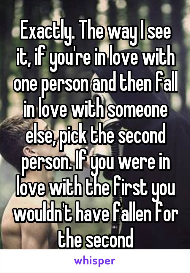 Exactly. The way I see it, if you're in love with one person and then fall in love with someone else, pick the second person. If you were in love with the first you wouldn't have fallen for the second