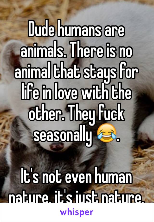 Dude humans are animals. There is no animal that stays for life in love with the other. They fuck seasonally 😂.

It's not even human nature, it's just nature. 