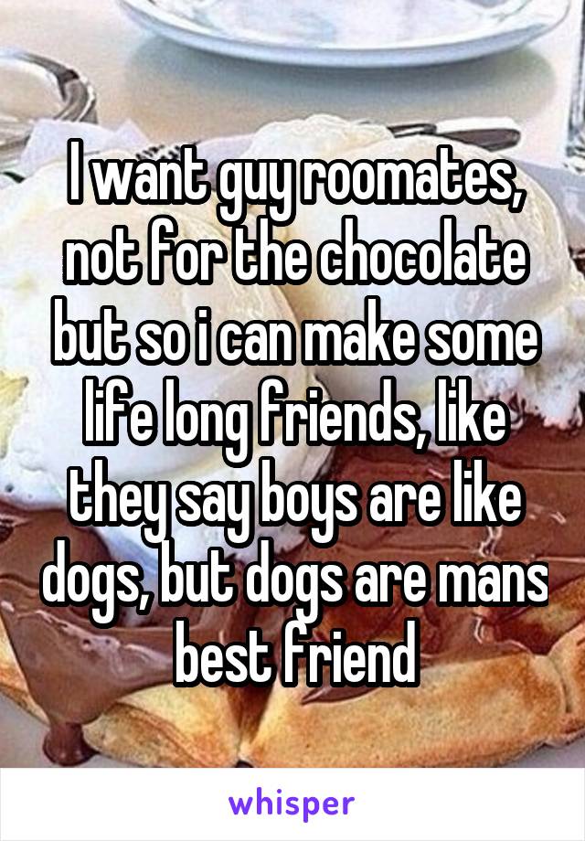 I want guy roomates, not for the chocolate but so i can make some life long friends, like they say boys are like dogs, but dogs are mans best friend