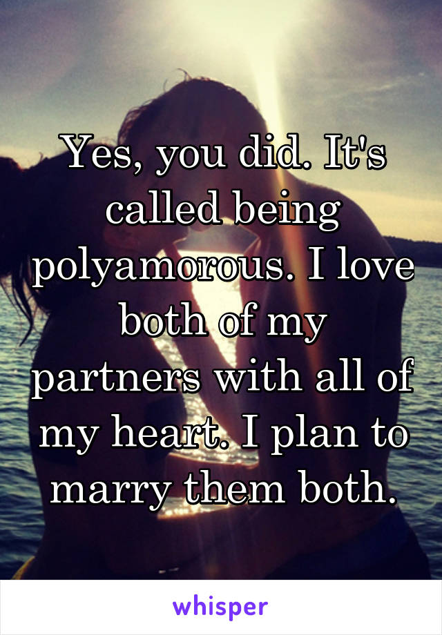 Yes, you did. It's called being polyamorous. I love both of my partners with all of my heart. I plan to marry them both.