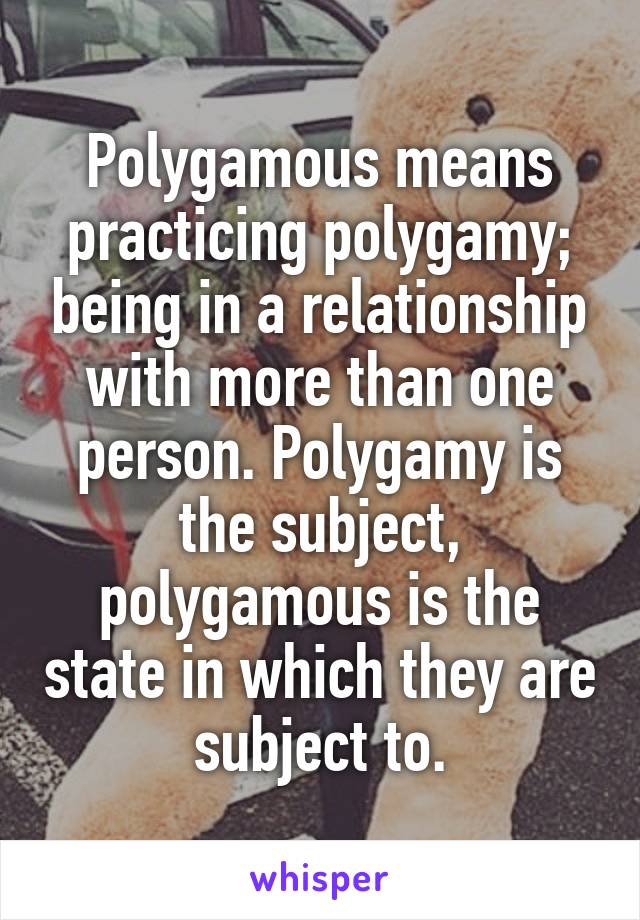 Polygamous means practicing polygamy; being in a relationship with more than one person. Polygamy is the subject, polygamous is the state in which they are subject to.