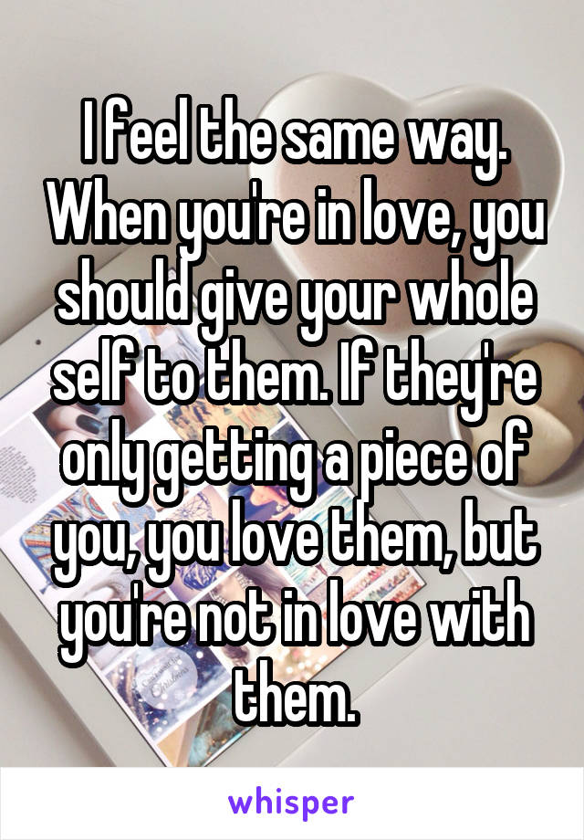 I feel the same way. When you're in love, you should give your whole self to them. If they're only getting a piece of you, you love them, but you're not in love with them.