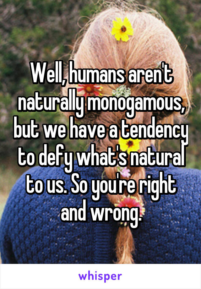 Well, humans aren't naturally monogamous, but we have a tendency to defy what's natural to us. So you're right and wrong.