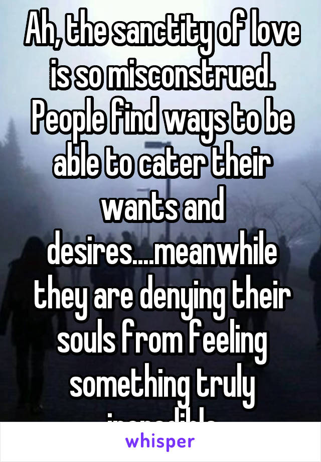 Ah, the sanctity of love is so misconstrued. People find ways to be able to cater their wants and desires....meanwhile they are denying their souls from feeling something truly incredible