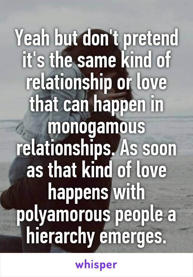 Yeah but don't pretend it's the same kind of relationship or love that can happen in monogamous relationships. As soon as that kind of love happens with polyamorous people a hierarchy emerges.