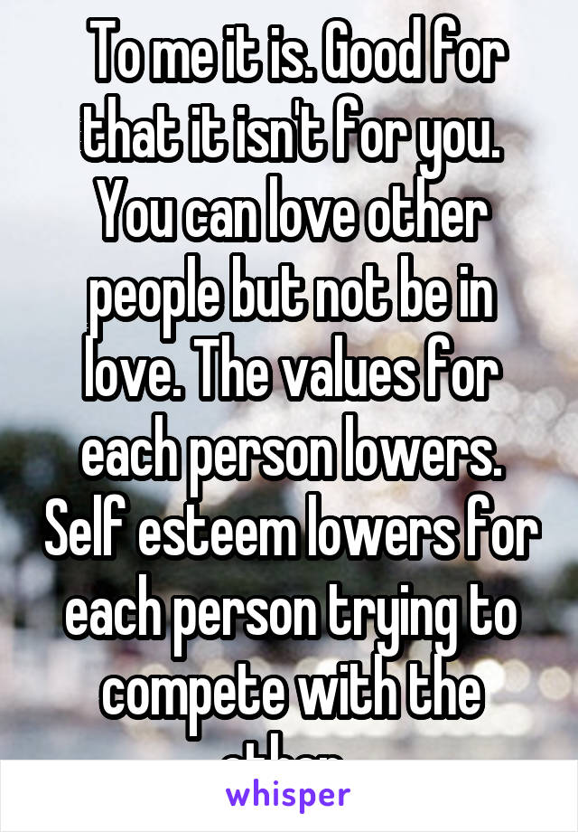  To me it is. Good for that it isn't for you. You can love other people but not be in love. The values for each person lowers. Self esteem lowers for each person trying to compete with the other. 