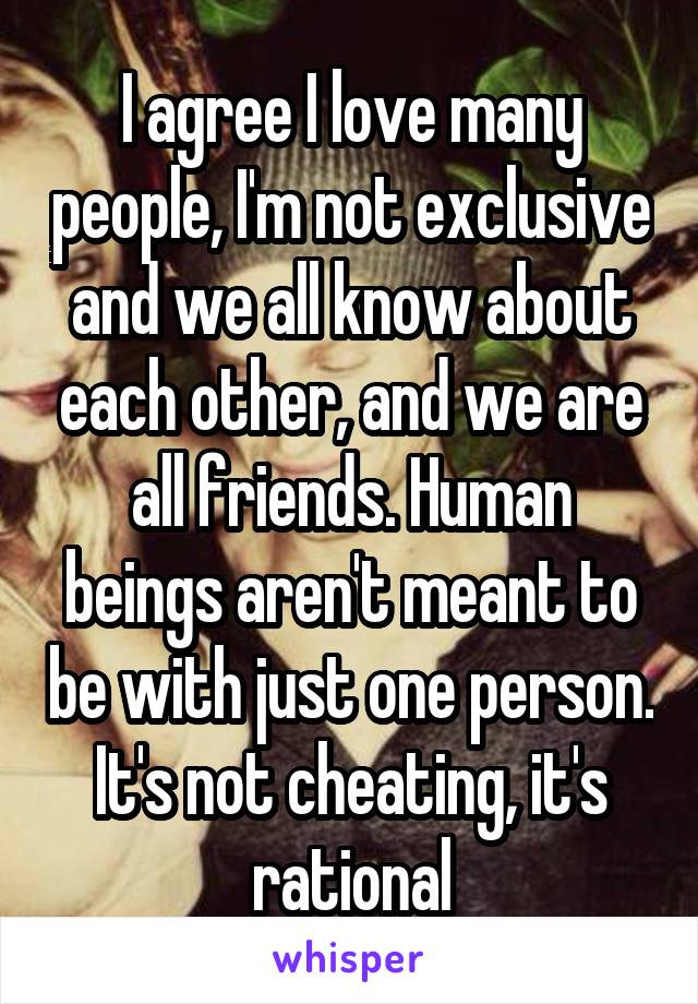 I agree I love many people, I'm not exclusive and we all know about each other, and we are all friends. Human beings aren't meant to be with just one person.
It's not cheating, it's rational