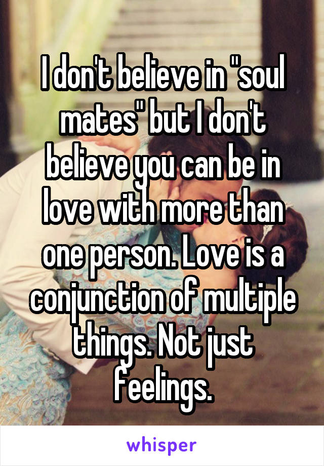 I don't believe in "soul mates" but I don't believe you can be in love with more than one person. Love is a conjunction of multiple things. Not just feelings.