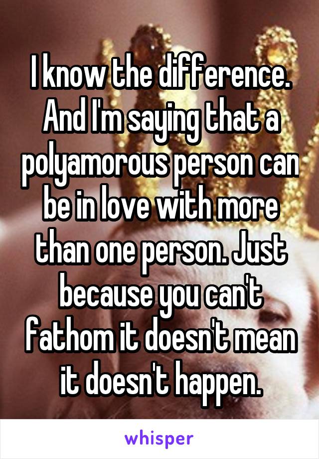 I know the difference. And I'm saying that a polyamorous person can be in love with more than one person. Just because you can't fathom it doesn't mean it doesn't happen.