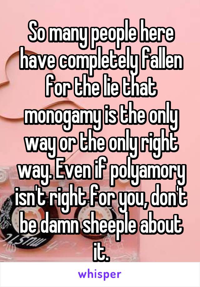 So many people here have completely fallen for the lie that monogamy is the only way or the only right way. Even if polyamory isn't right for you, don't be damn sheeple about it.